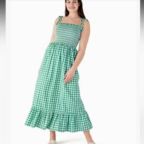 Kate spade Green & White Gingham Smocked-bodice Dress size LG - POCKETS!! - Picture 9 of 11